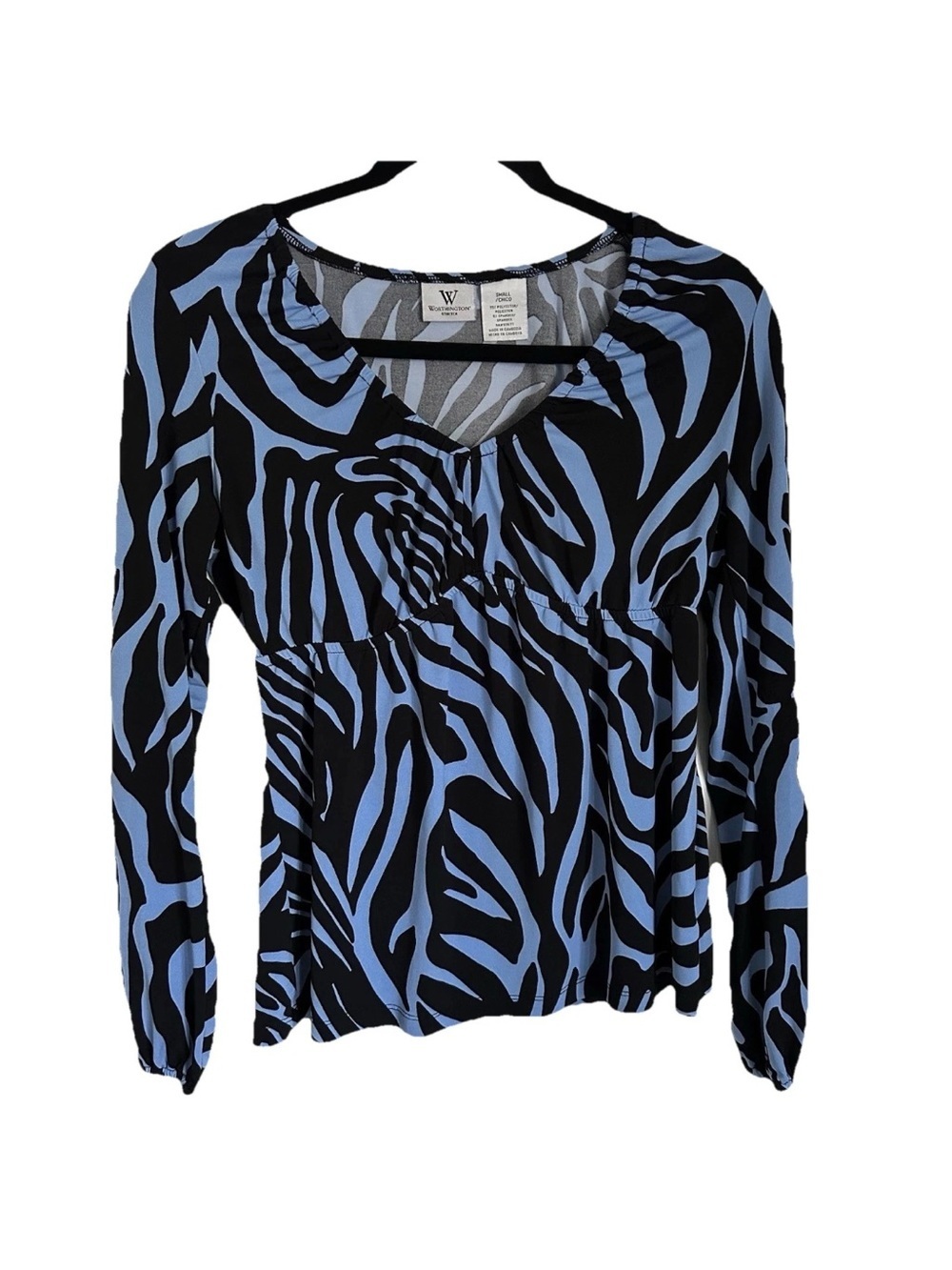 Worthington Womens S Blue Black Animal Zebra Print Babydoll Top Stretch Y2K Club